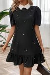Siyah Kısa Kollu Yakalı İnci Detaylı İthal Krep Mini Elbise