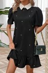 Siyah Kısa Kollu Yakalı İnci Detaylı İthal Krep Mini Elbise