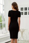 Siyah Kısa Kollu Yakası Açık Önden Halka Detaylı İthal Krep Midi Elbise