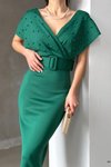 Yeşil Kemerli Scuba Kumaş İnci Detaylı Midi Elbise