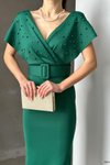 Yeşil Kemerli Scuba Kumaş İnci Detaylı Midi Elbise