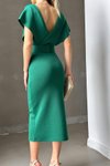Yeşil Kemerli Scuba Kumaş İnci Detaylı Midi Elbise