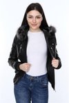 Siyah Hakiki Kuzu Derisi Yakası Kürklü Beli Lastikli Ceket