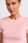 Açık Pembe Sıfır Yaka Kısa Kollu T-shirt