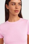 Toz Pembe Sıfır Yaka Kısa Kollu T-shirt