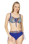 Mavi Büyük Beden Balenli Destekli Geometrik Desenli Bikini Takım