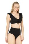 Siyah Fırfırlı İp Detaylı Yüksek Bel Bikini Takım