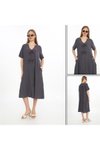 Antrasit Bohem Yarım Kollu V Yaka Düğme Detay Keten Midi Elbise