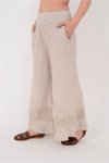 Bej İtalyan Fisto Paça Detaylı Keten Pantolon