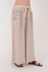 Bej İtalyan Korsajlı Düğme Detay Otantik Kemerli Bol Paçalı Keten Pantolon