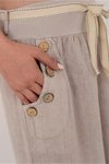 Bej İtalyan Korsajlı Düğme Detay Otantik Kemerli Bol Paçalı Keten Pantolon