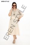 Bej İtalyan Saçak Detaylı Müslin Keteni Yırtmaçlı Bluz &amp; 2'li Takım Midi Elbise