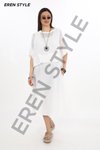 Beyaz İtalyan Saçak Detaylı Müslin Keteni Yırtmaçlı Bluz &amp; 2'li Takım Midi Elbise