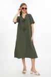 Haki Bohem Yarım Kollu V Yaka Düğme Detay Keten Midi Elbise