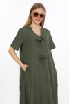 Haki Bohem Yarım Kollu V Yaka Düğme Detay Keten Midi Elbise
