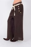 Kahverengi İtalyan Korsajlı Düğme Detay Otantik Kemerli Bol Paçalı Keten Pantolon