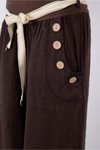 Kahverengi İtalyan Korsajlı Düğme Detay Otantik Kemerli Bol Paçalı Keten Pantolon