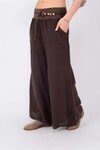 Kahverengi İtalyan Korsajlı Tokalı Kemerli Bol Paçalı Keten Pantolon