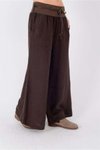 Kahverengi İtalyan Korsajlı Tokalı Kemerli Bol Paçalı Keten Pantolon