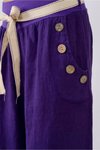 Mor İtalyan Korsajlı Düğme Detay Otantik Kemerli Bol Paçalı Keten Pantolon