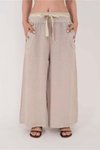 Mürdüm İtalyan Korsajlı Düğme Detay Otantik Kemerli Bol Paçalı Keten Pantolon