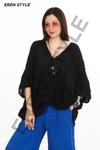 Siyah Bohem Kuruvaze Tek Düğmeli Keten Bluz
