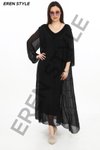 Siyah Italyan Yakası Pullu Uzun Kollu İpek Elbise