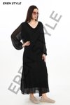 Siyah Italyan Yakası Pullu Uzun Kollu İpek Elbise