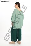 Su Yeşili Bohem Kuruvaze Tek Düğmeli Keten Bluz