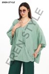 Su Yeşili Bohem Kuruvaze Tek Düğmeli Keten Bluz