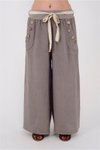 Vizon İtalyan Korsajlı Düğme Detay Otantik Kemerli Bol Paçalı Keten Pantolon