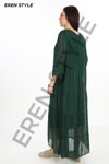 Zümrüt Yeşili Italyan Yakası Pullu Uzun Kollu İpek Elbise