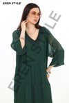 Zümrüt Yeşili Italyan Yakası Pullu Uzun Kollu İpek Elbise