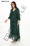Zümrüt Yeşili Italyan Yakası Pullu Uzun Kollu İpek Elbise