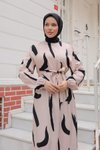 Bej Büyük Fırça Desenli Viskon Elbise