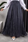 Gri Kırışık Kumaş Uzun Etek