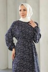 Lacivert Küçük Çicek Desenli Viskon Elbise
