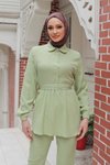 Mint Yeşili Taş Düğme Detaylı Takım