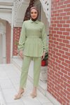Mint Yeşili Taş Düğme Detaylı Takım