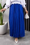 Saks Mavisi Kırışık Kumaş Uzun Etek