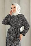 Siyah Küçük Çicek Desenli Viskon Elbise