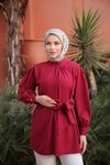 Bordo Önü Ve Kol Ucu Büzgülü Kemerli Tunik