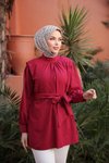 Bordo Önü Ve Kol Ucu Büzgülü Kemerli Tunik