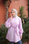 Lila Ön Ve Kol Ucu Büzgülü Kemerli Tunik
