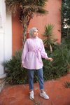 Lila Ön Ve Kol Ucu Büzgülü Kemerli Tunik
