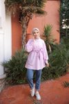 Lila Ön Ve Kol Ucu Büzgülü Kemerli Tunik