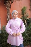 Lila Ön Ve Kol Ucu Büzgülü Kemerli Tunik