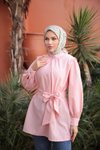 Pembe Ön Ve Kol Ucu Büzgülü Kemerli Tunik