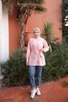 Pembe Ön Ve Kol Ucu Büzgülü Kemerli Tunik