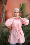 Pembe Ön Ve Kol Ucu Büzgülü Kemerli Tunik